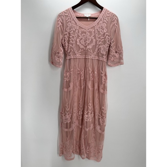orange creek Dresses & Skirts - Orange Creek S/M Blush Pink Embroidered Lace Maxi Dress Boho Cottagecore